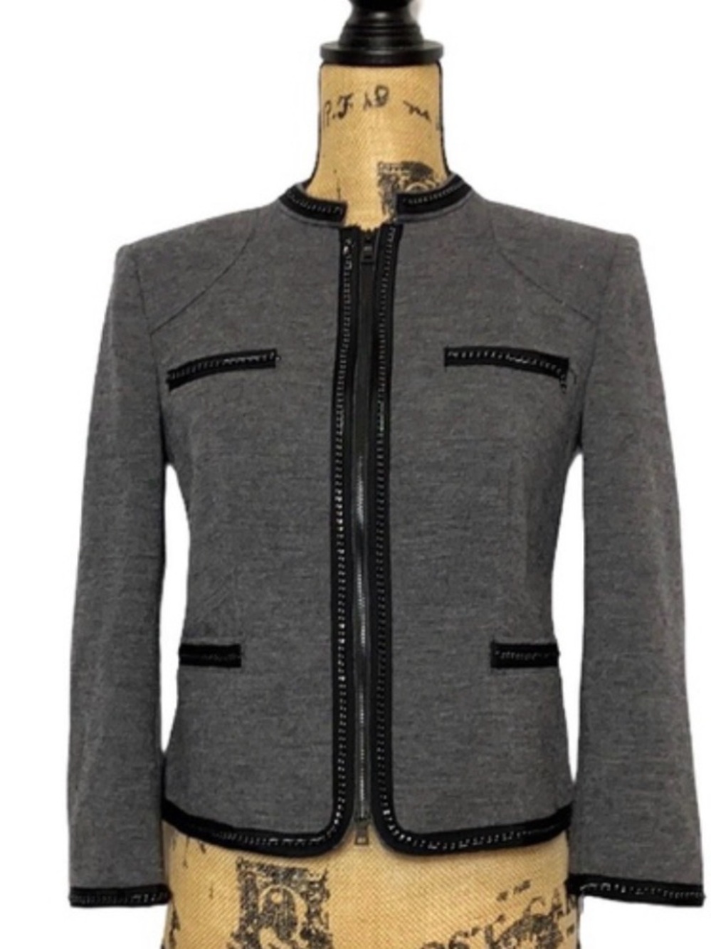 DVF Roccoco Felted Wool Blend Jacket Heather Gray Black Chain Trim Cropped